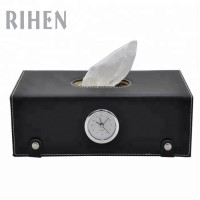 Newest PU leather tissue paper box, tissue paper holder with clock