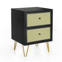 Leather covered with faux rattan decor bedside table for home decoration